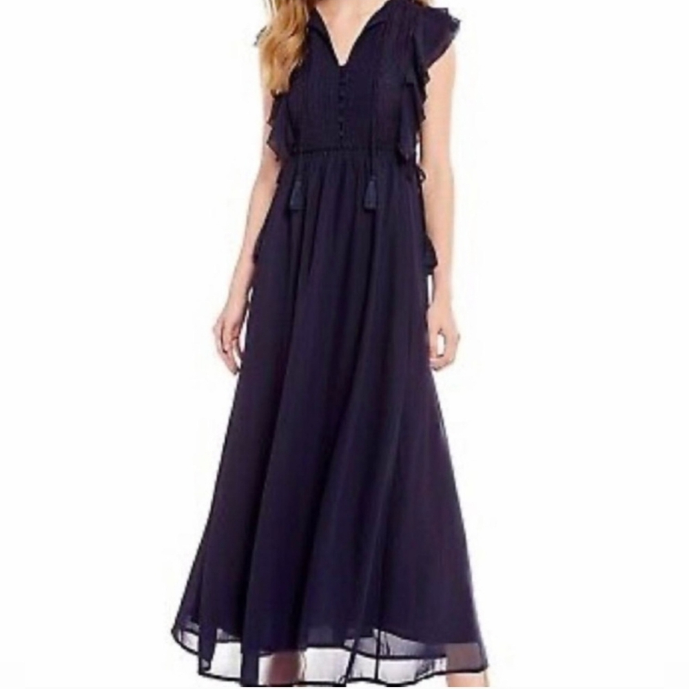 Chelsea & Violet Sheer Lace Ruffled Tassel String Belt Max Dress